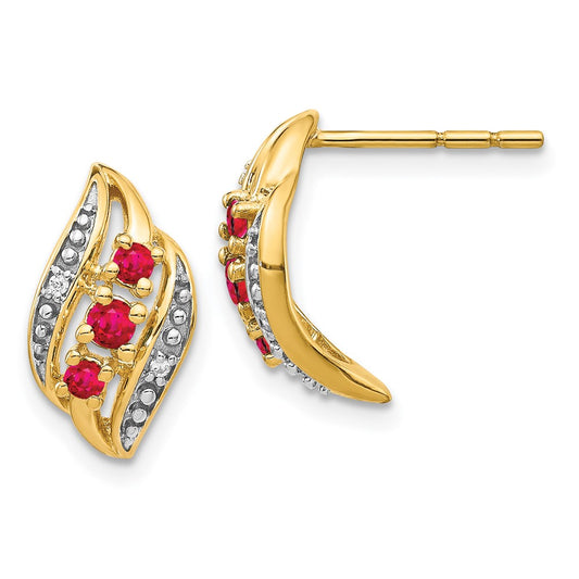 14k Gold w/ Siam Ruby and Diamond Polished Post Earrings