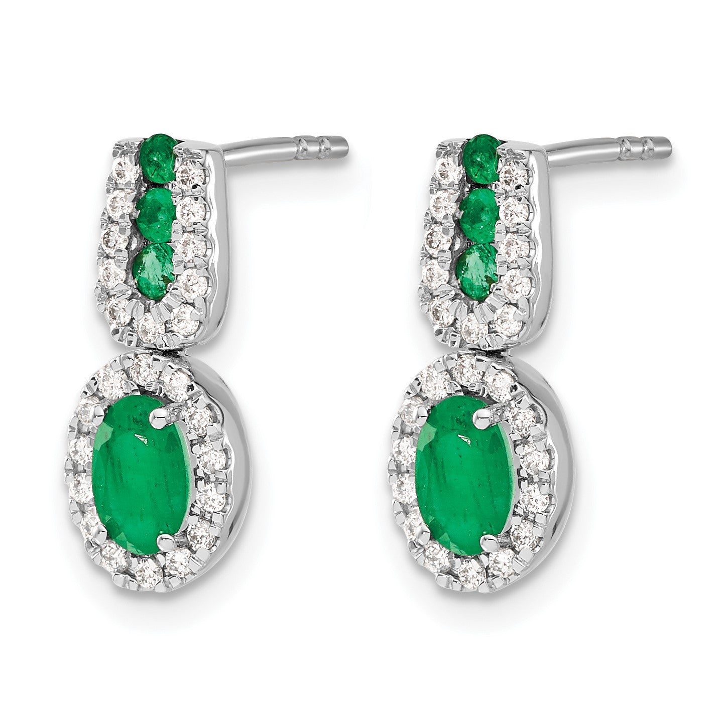 14k White Gold 6x4mm Oval Emerald and Diamond Halo Post Earrings