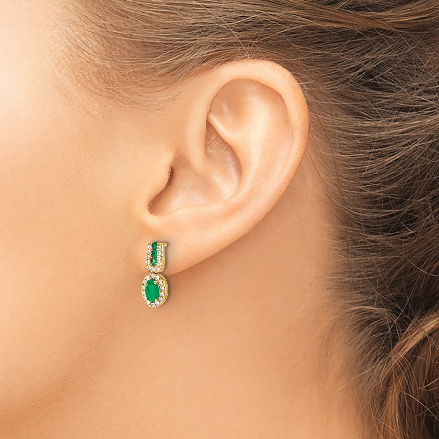 14k 6x4mm Oval Emerald and Diamond Halo Post Earrings