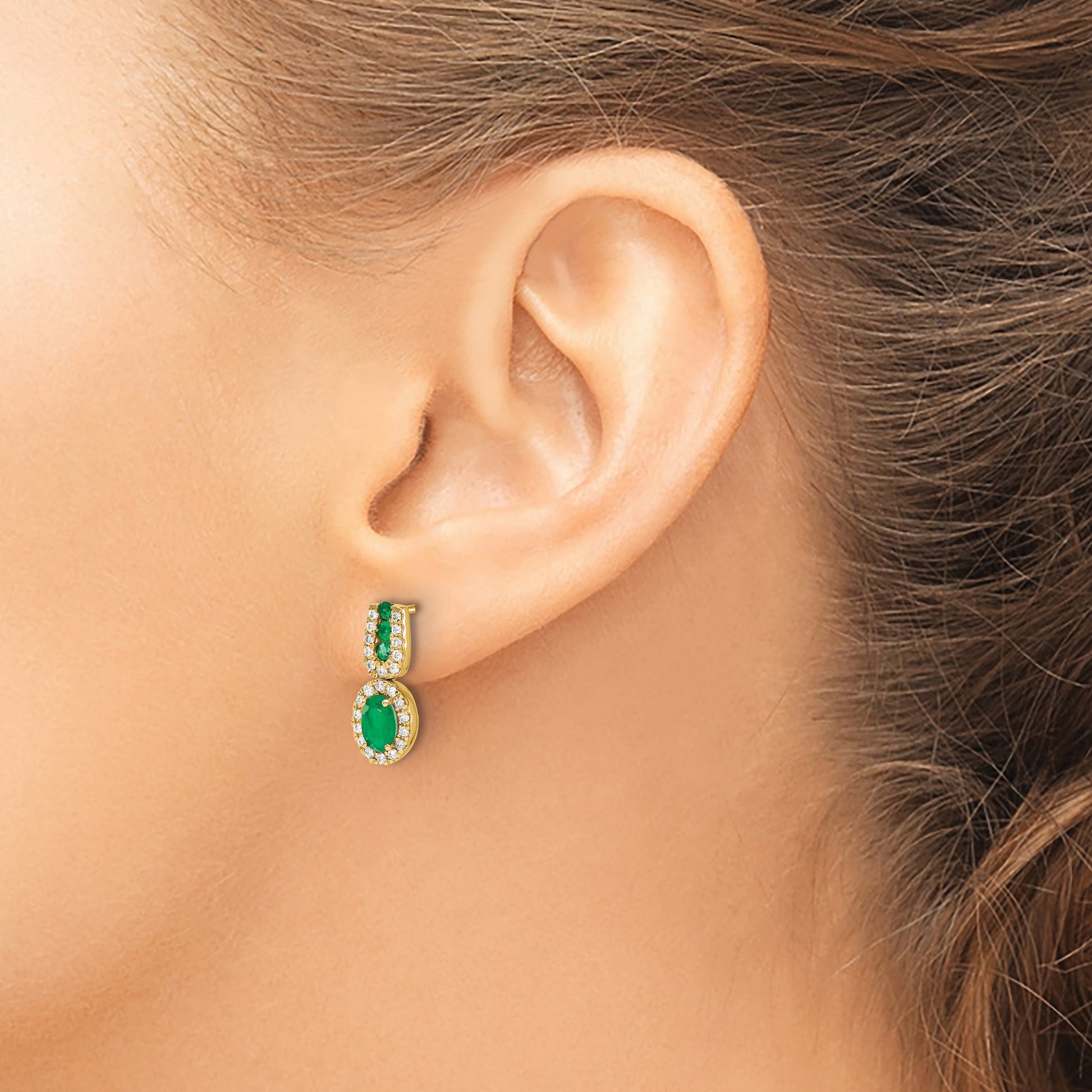 14k 6x4mm Oval Emerald and Diamond Halo Post Earrings
