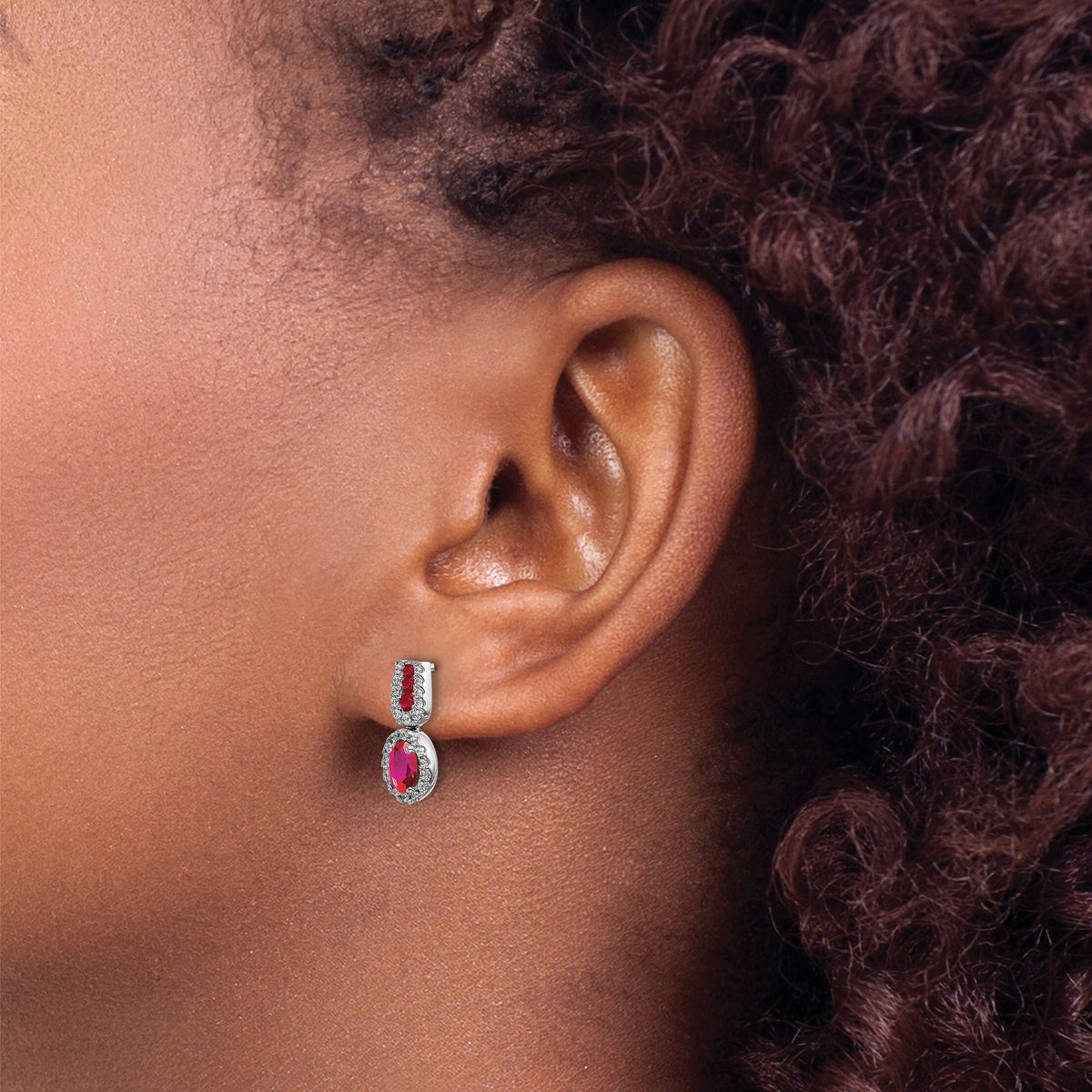 14k White Gold 6x4mm Oval Ruby and Diamond Halo Post Earrings