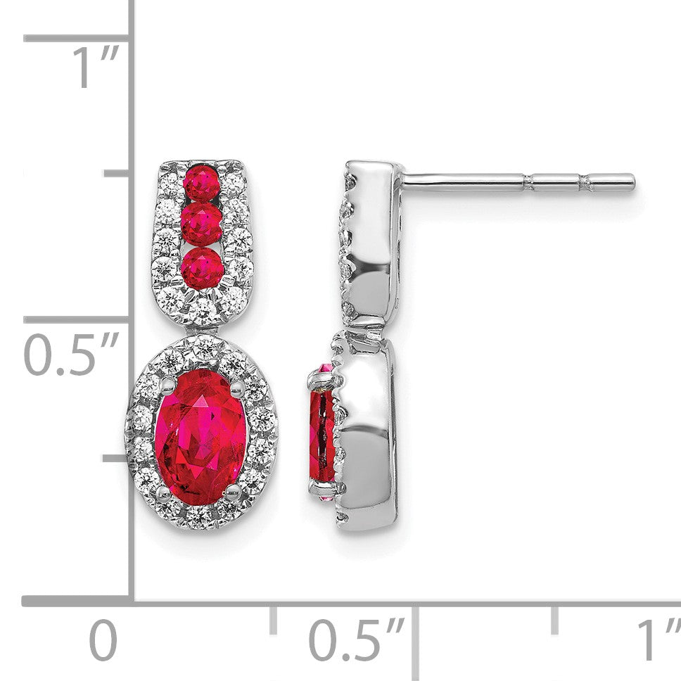 14k White Gold 6x4mm Oval Ruby and Diamond Halo Post Earrings