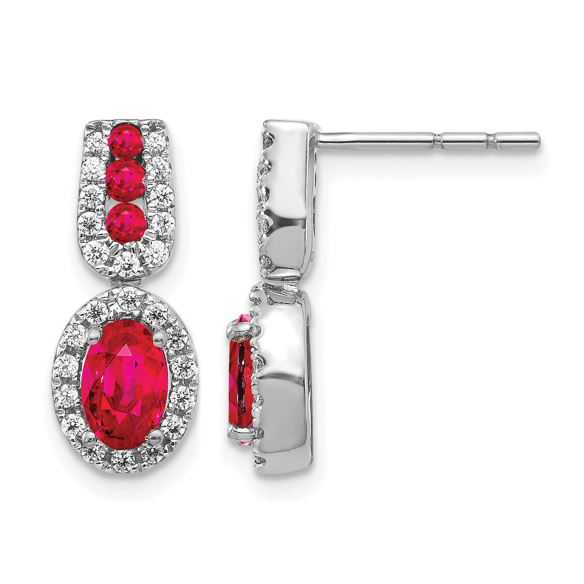 14k White Gold 6x4mm Oval Ruby and Diamond Halo Post Earrings
