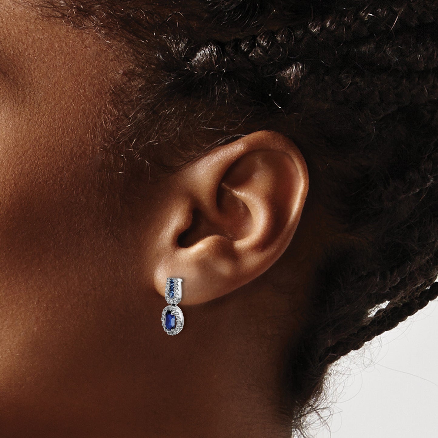 14k White Gold 6x4mm Oval Sapphire and Diamond Halo Post Earrings