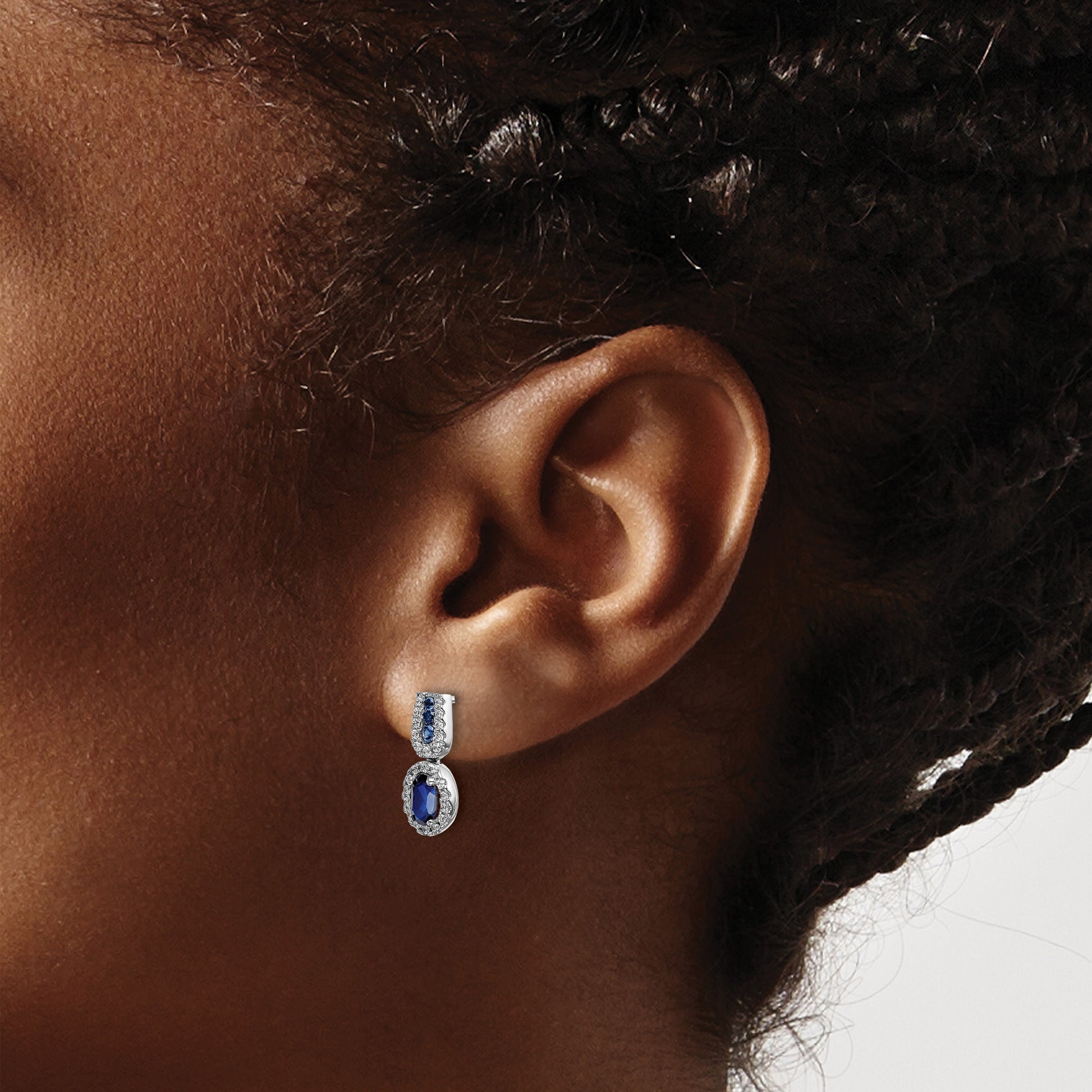 14k White Gold 6x4mm Oval Sapphire and Diamond Halo Post Earrings