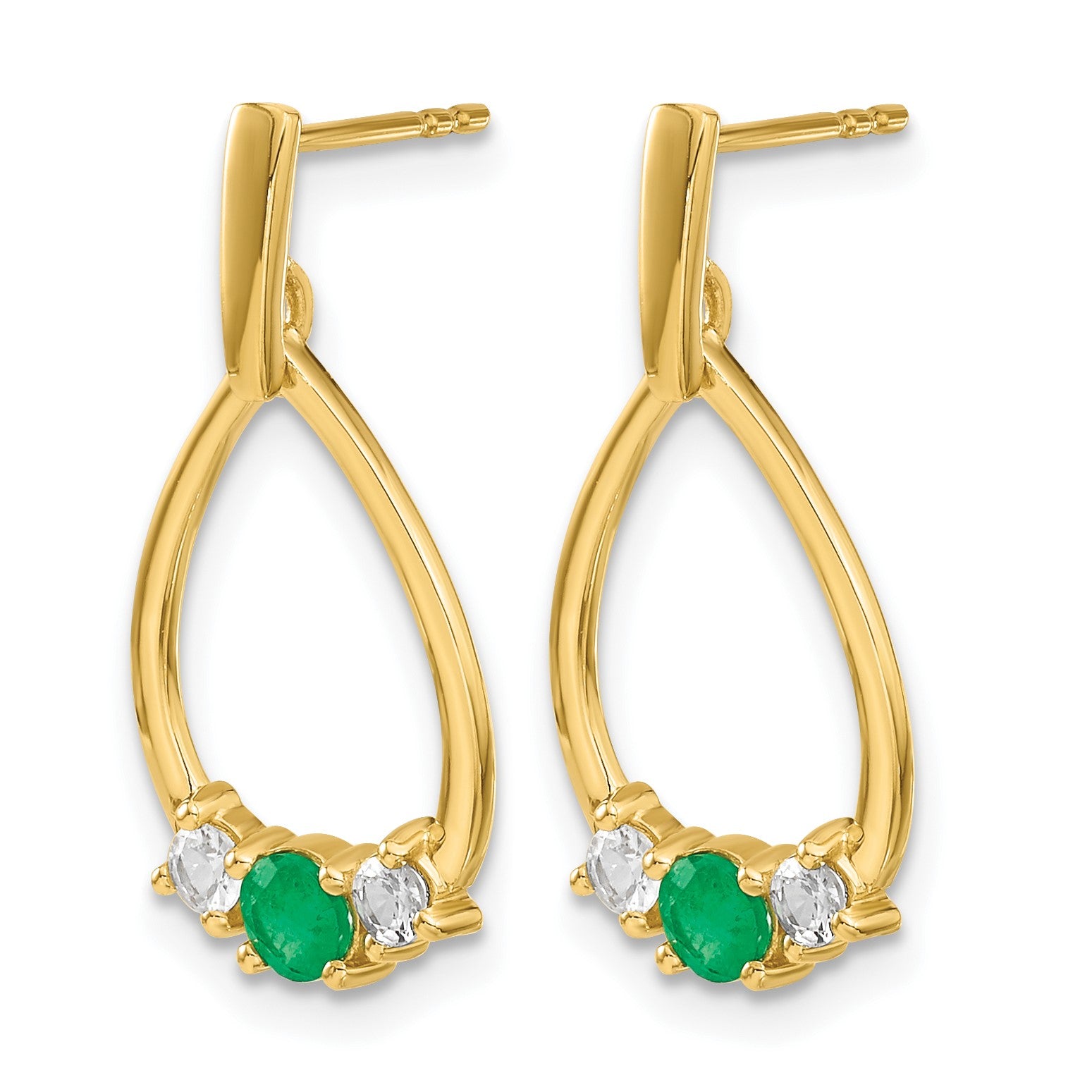 14k Emerald and White Sapphire Teardrop Post Dangle Earrings