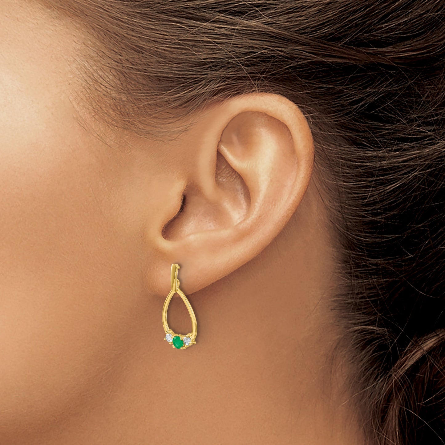 14k Emerald and White Sapphire Teardrop Post Dangle Earrings