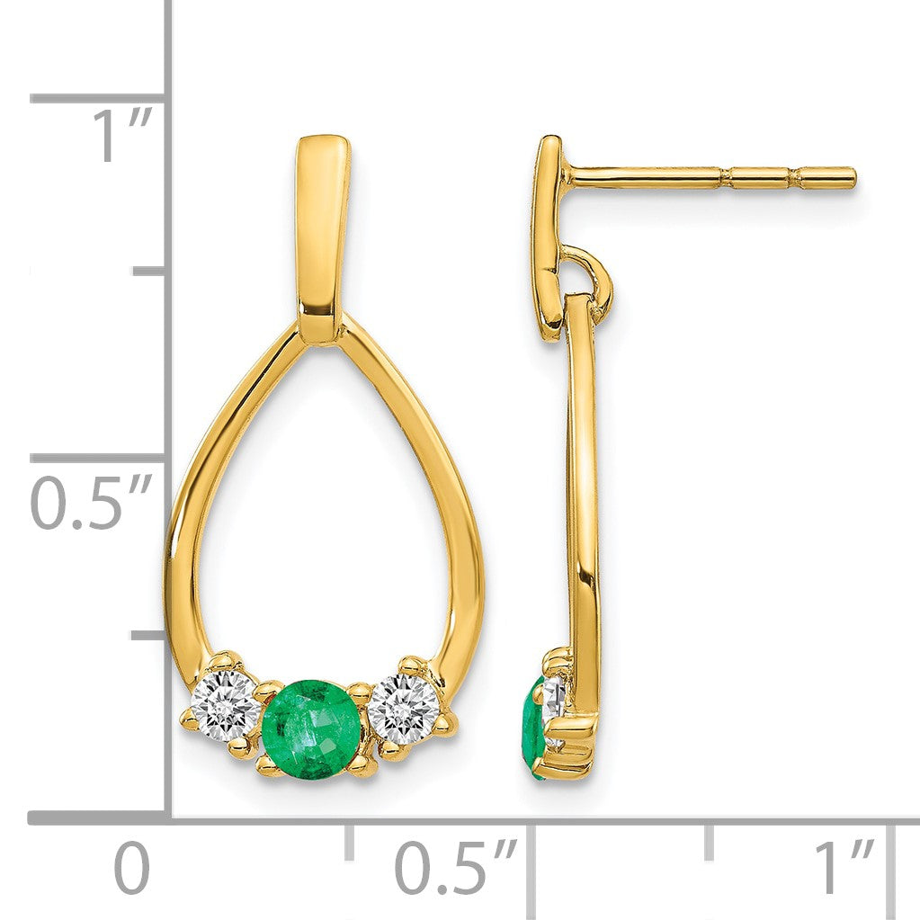 14k Emerald and White Sapphire Teardrop Post Dangle Earrings
