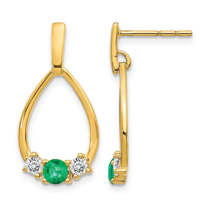 14k Emerald and White Sapphire Teardrop Post Dangle Earrings