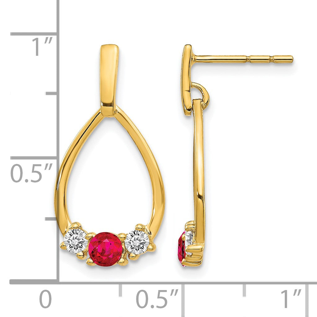 14k Ruby and White Sapphire Teardrop Post Dangle Earrings