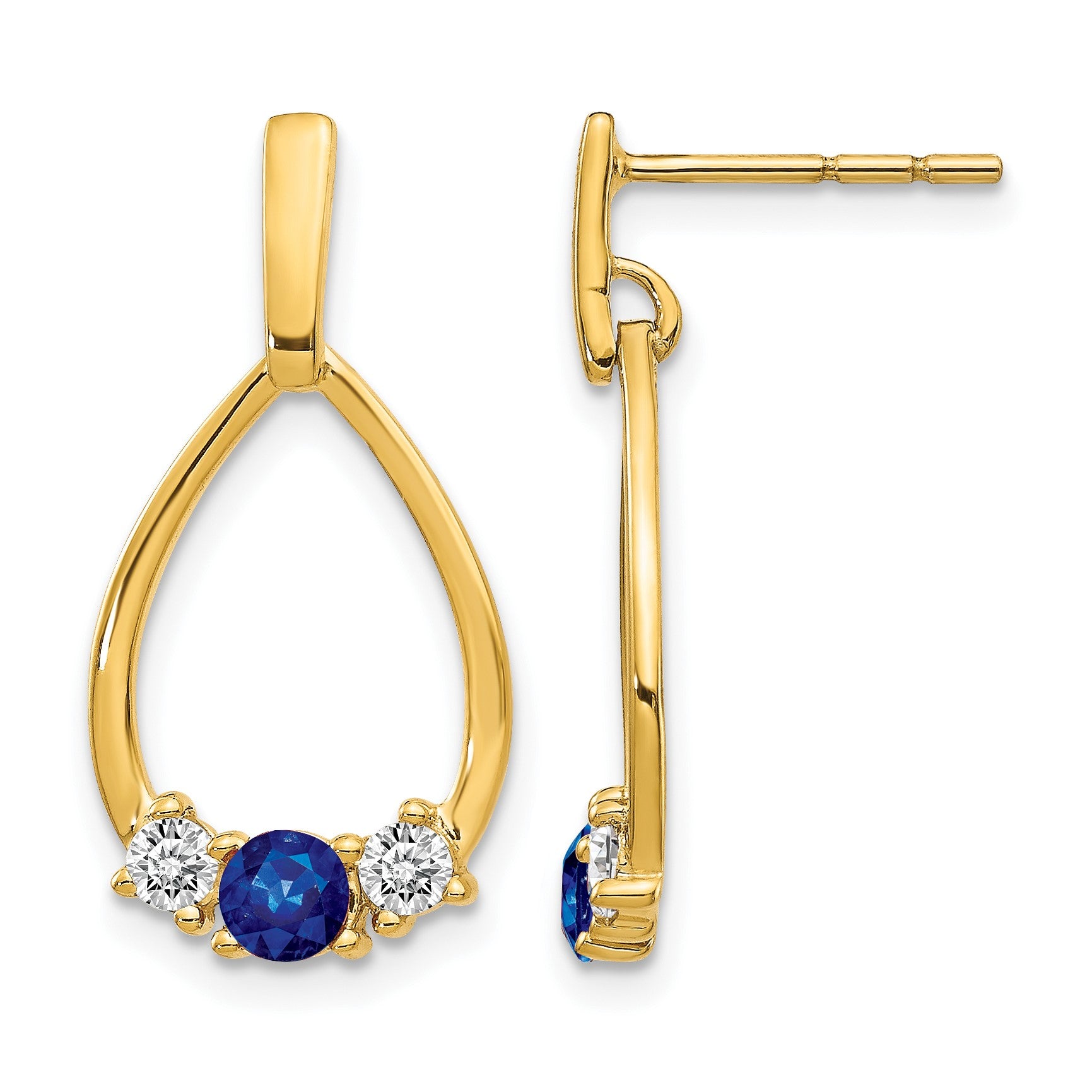 14k  Blue and White Sapphire Teardrop Post Dangle Earrings