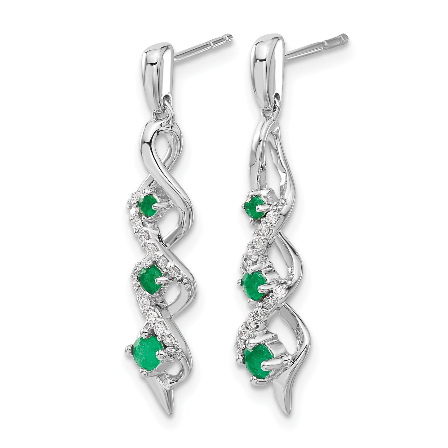 14k White Gold Diamond and Emerald Twisted Post Dangle Earrings