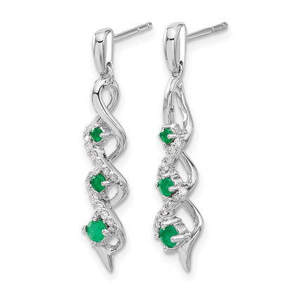 14k White Gold Diamond and Emerald Twisted Post Dangle Earrings