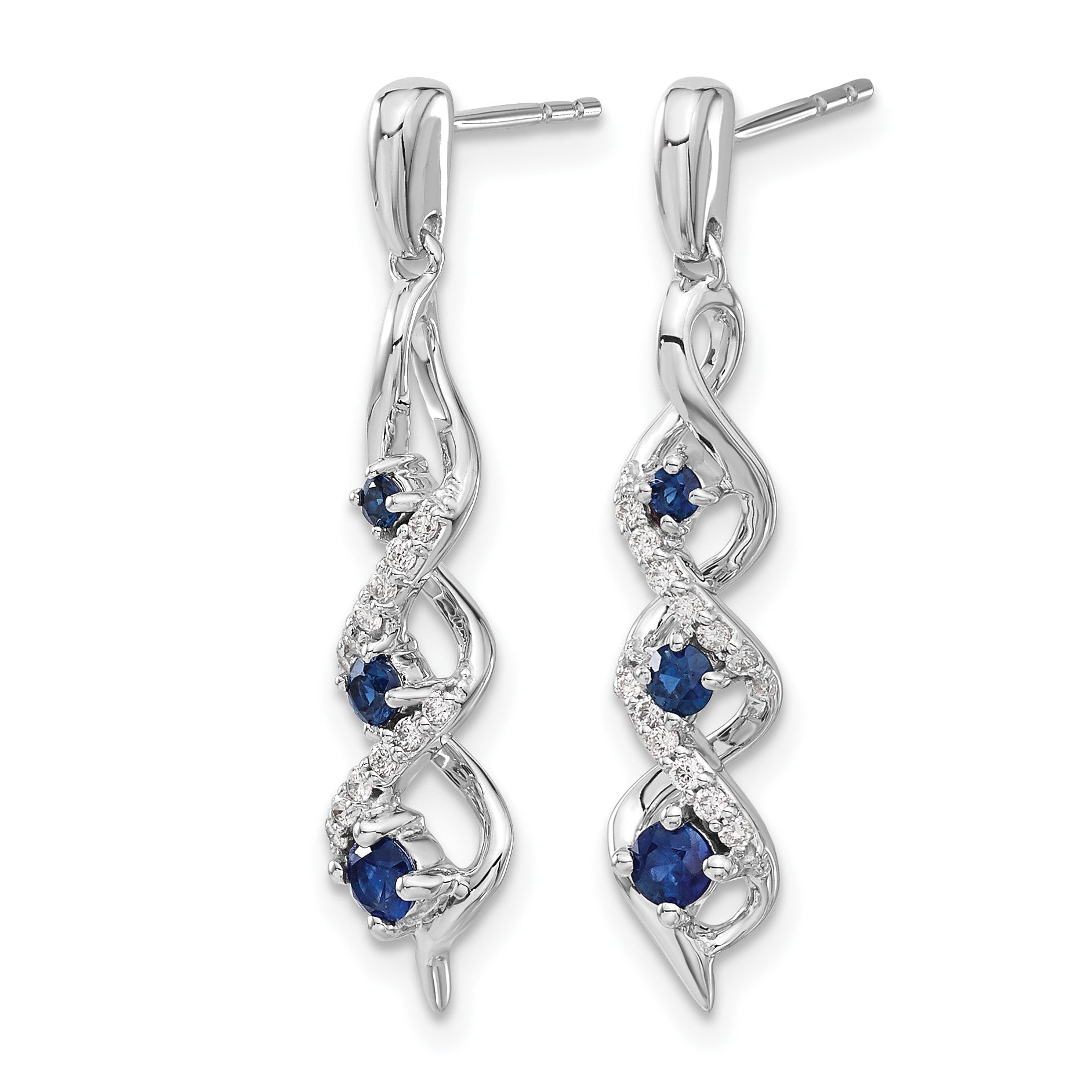 14k White Gold Diamond and Blue Sapphire Twisted Post Dangle Earrings