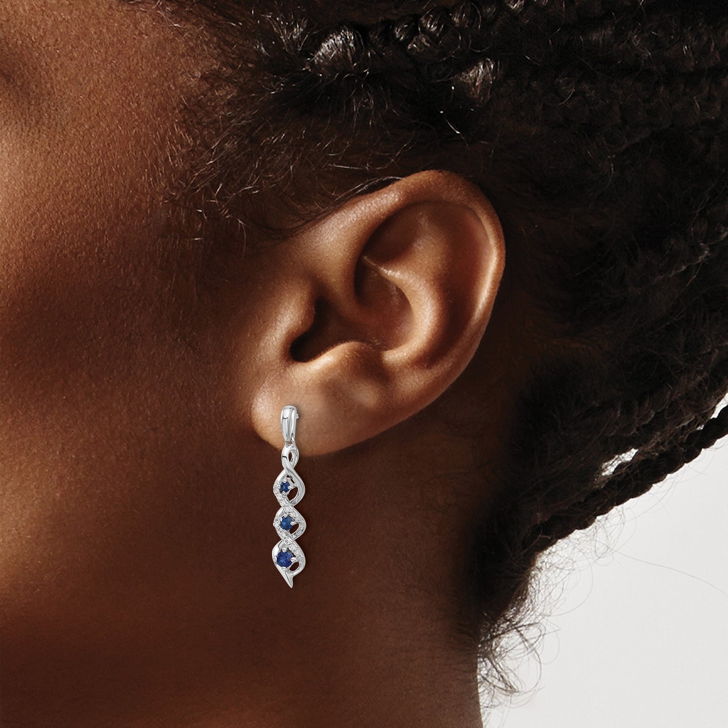 14k White Gold Diamond and Blue Sapphire Twisted Post Dangle Earrings