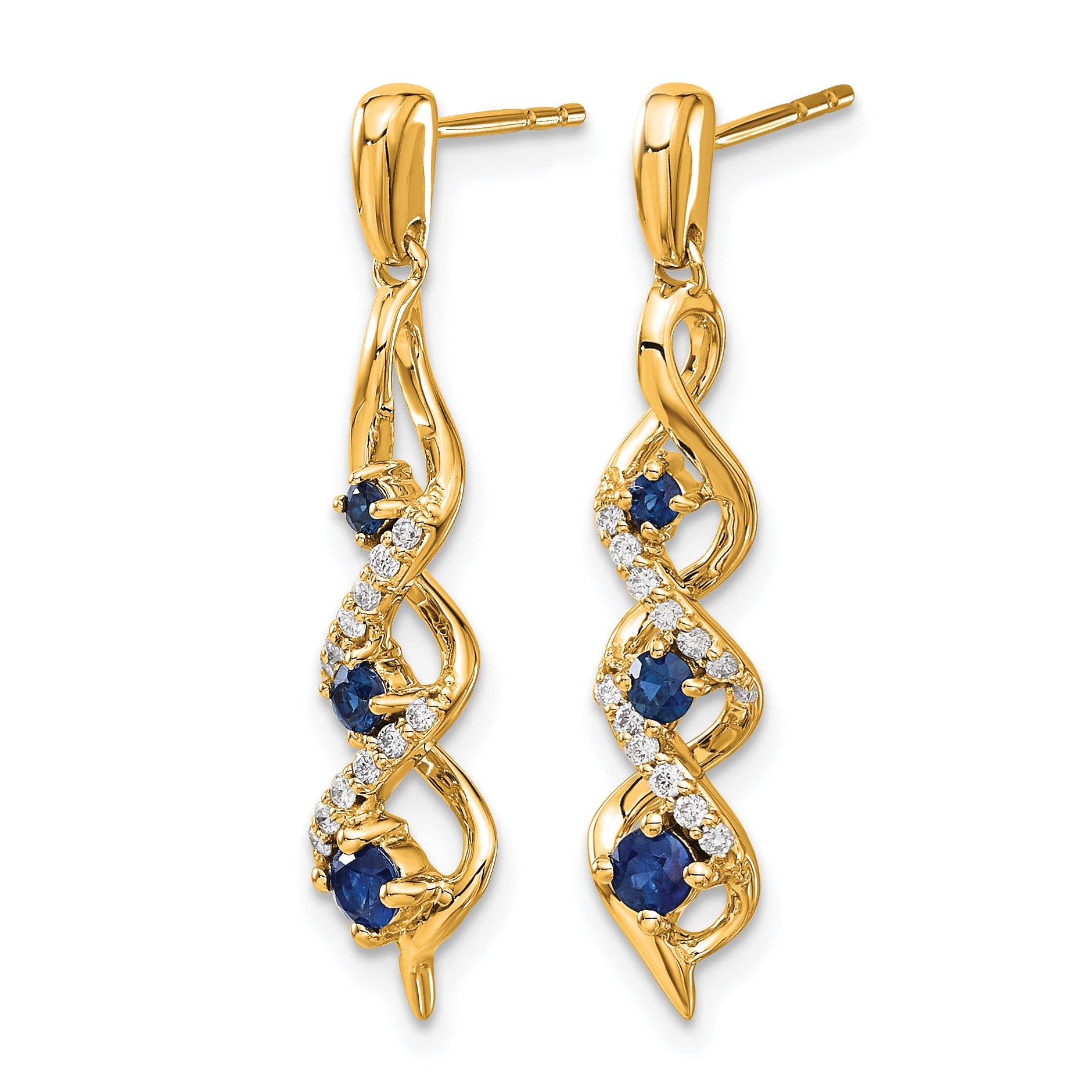 14k Diamond and Blue Sapphire Twisted Post Dangle Earrings