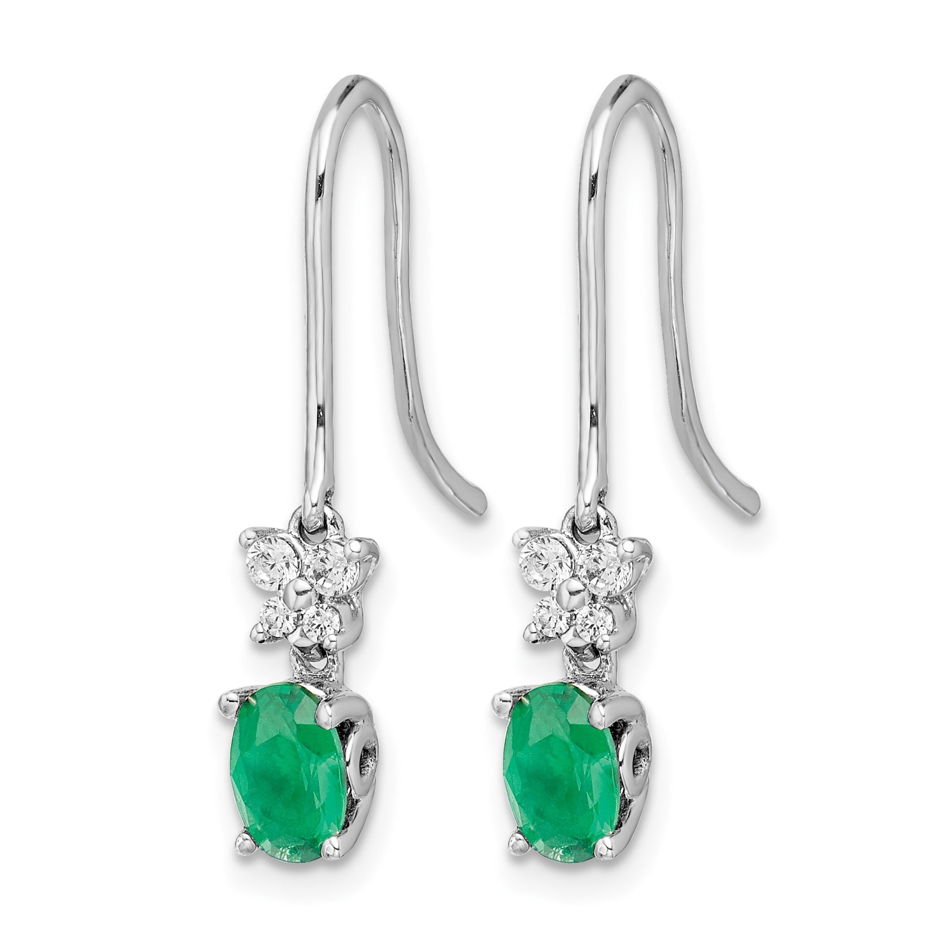 14k White Gold 6x4mm Oval Emerald and Diamond Shepherd Hook Earrings