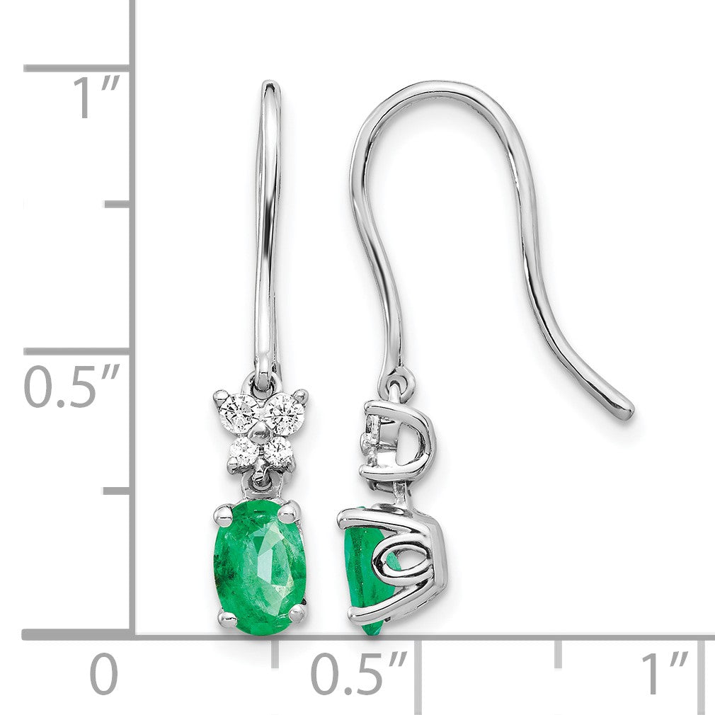 14k White Gold 6x4mm Oval Emerald and Diamond Shepherd Hook Earrings