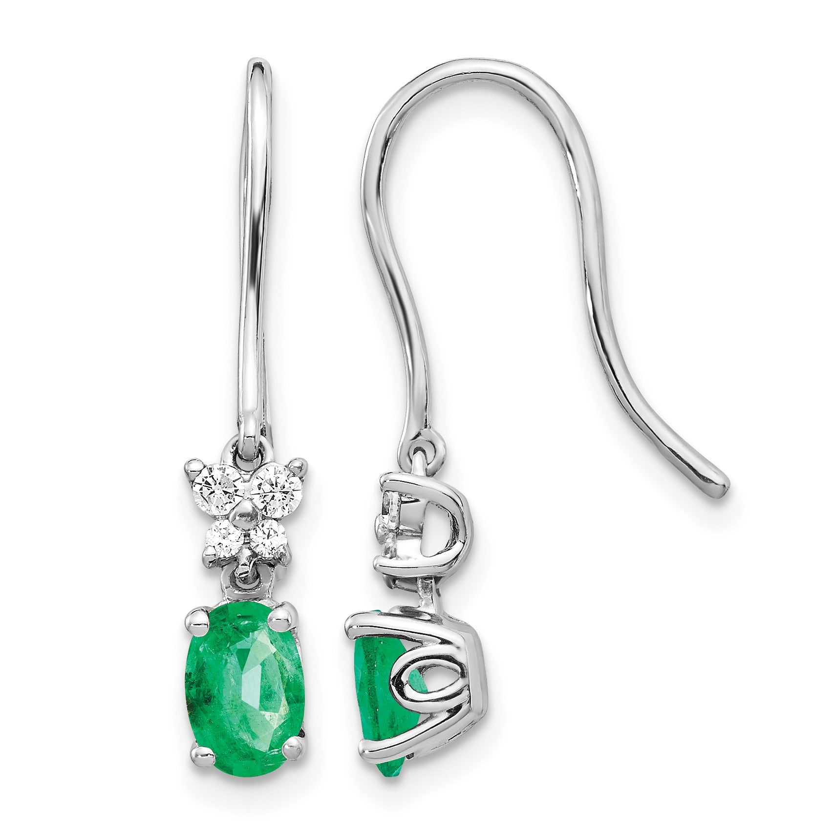14k White Gold 6x4mm Oval Emerald and Diamond Shepherd Hook Earrings