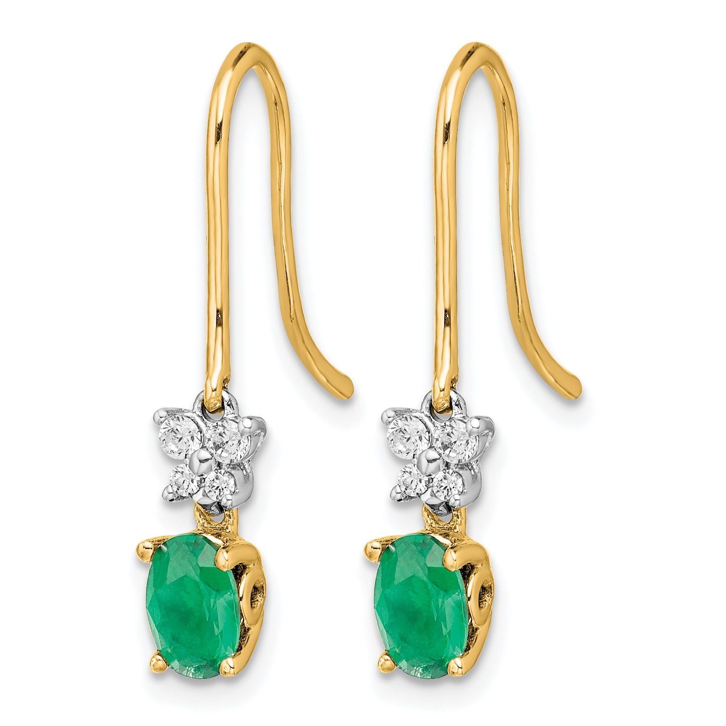 14k Two-Tone 6x4mm Oval Emerald and Diamond Shepherd Hook Earrings