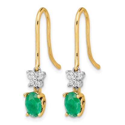 14k Two-Tone 6x4mm Oval Emerald and Diamond Shepherd Hook Earrings
