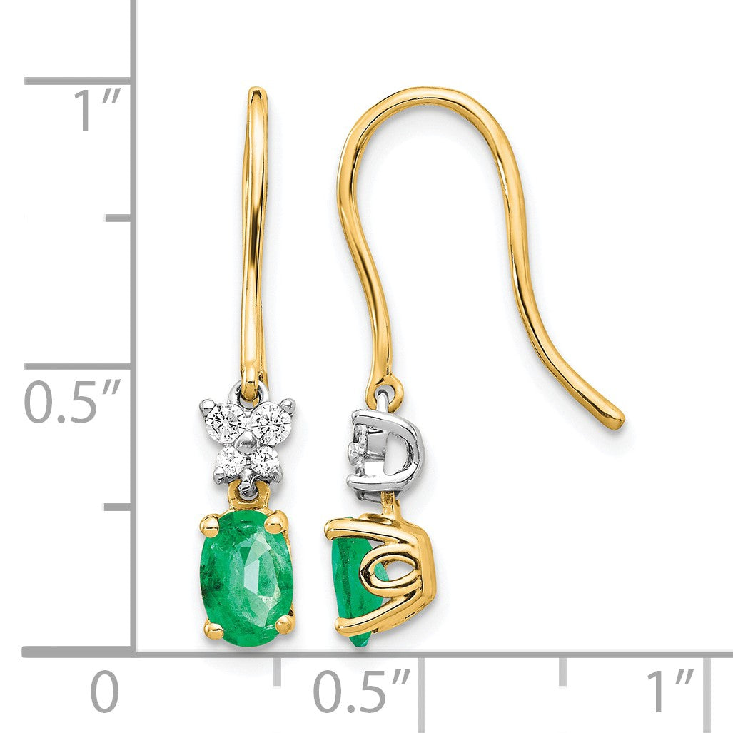 14k Two-Tone 6x4mm Oval Emerald and Diamond Shepherd Hook Earrings