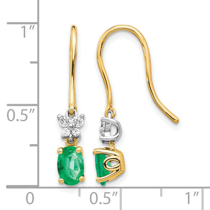14k Two-Tone 6x4mm Oval Emerald and Diamond Shepherd Hook Earrings
