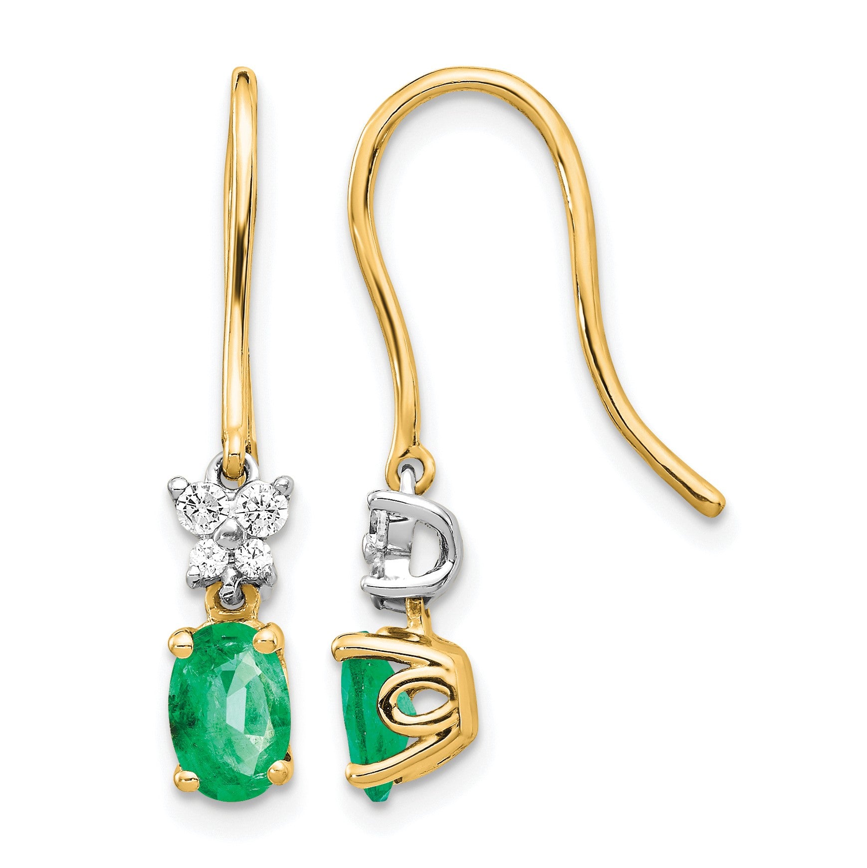 14k Two-Tone 6x4mm Oval Emerald and Diamond Shepherd Hook Earrings