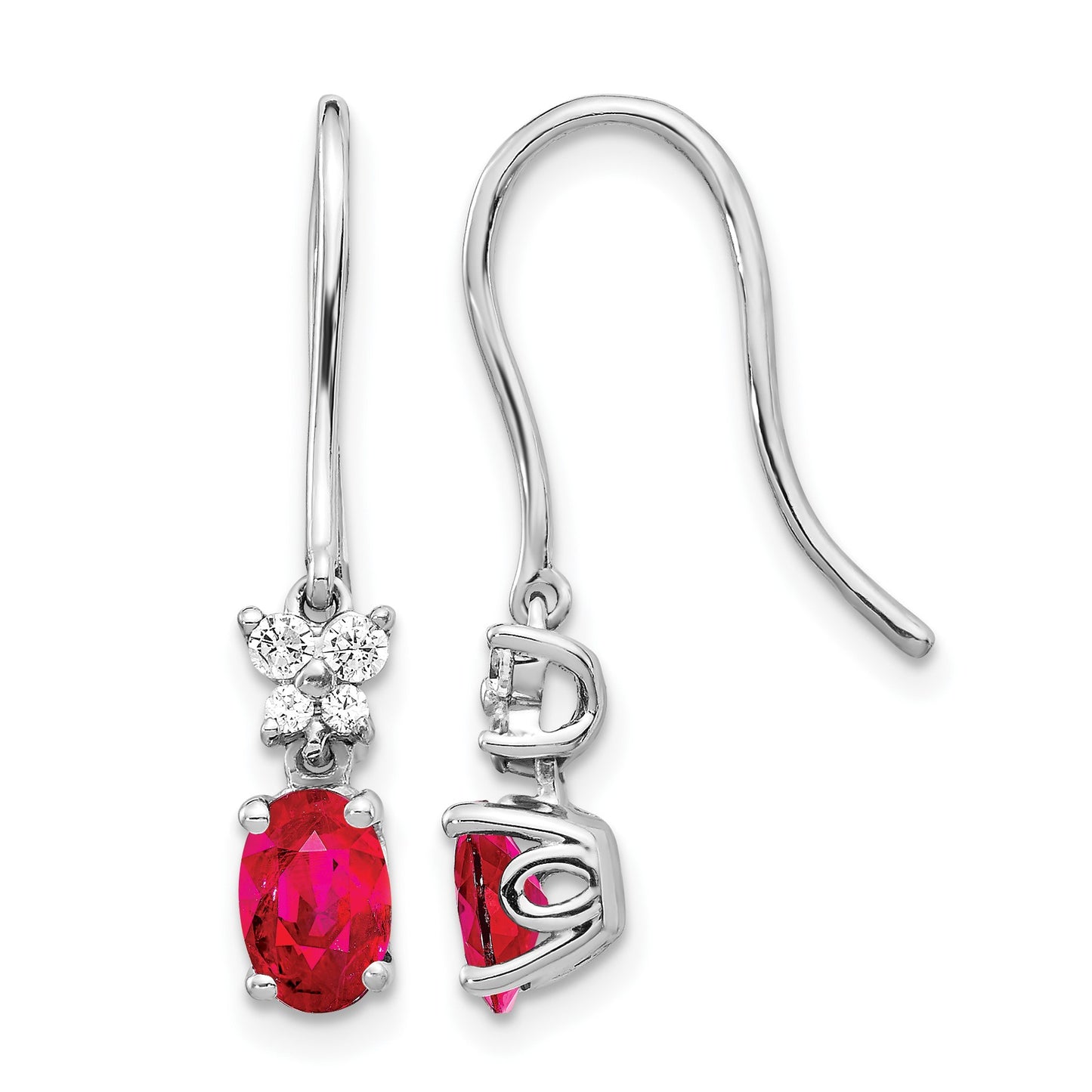 14k White Gold 6x4mm Oval Ruby and Diamond Shepherd Hook Earrings