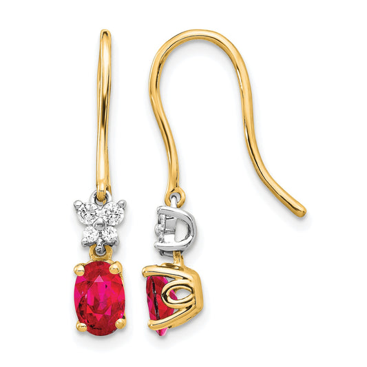14k Two-Tone 6x4mm Oval Ruby and Diamond Shepherd Hook Earrings