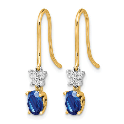 14k Two-Tone 6x4mm Oval Sapphire and Diamond Shepherd Hook Earrings