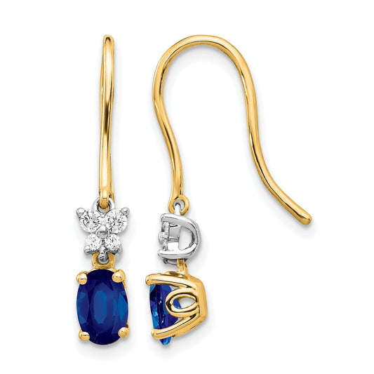 14k Two-Tone 6x4mm Oval Sapphire and Diamond Shepherd Hook Earrings