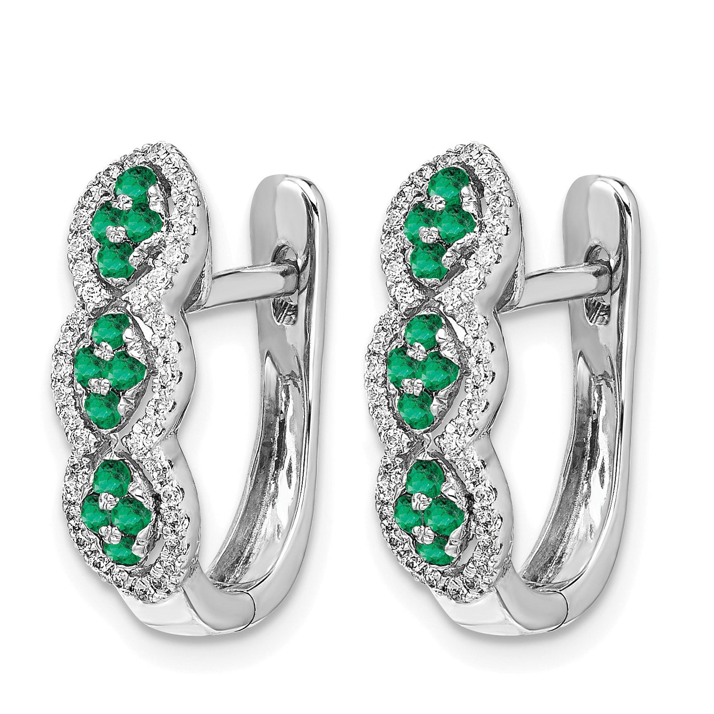 14k White Gold Emerald Cluster and Diamond Hinged Hoop Earrings