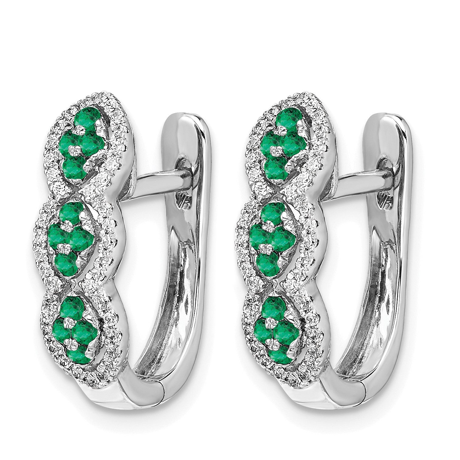 14k White Gold Emerald Cluster and Diamond Hinged Hoop Earrings