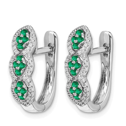14k White Gold Emerald Cluster and Diamond Hinged Hoop Earrings