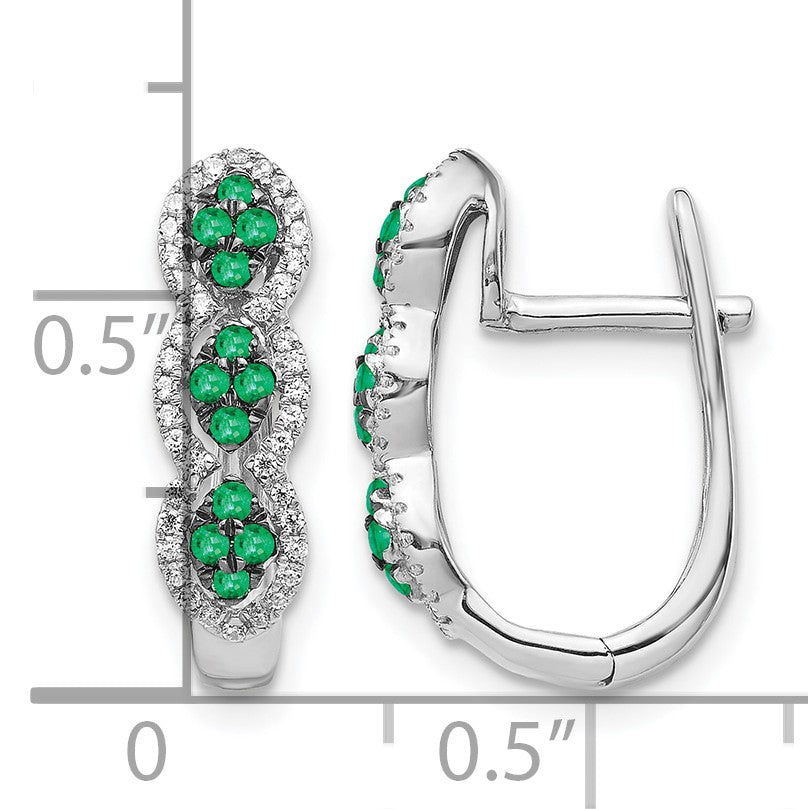 14k White Gold Emerald Cluster and Diamond Hinged Hoop Earrings
