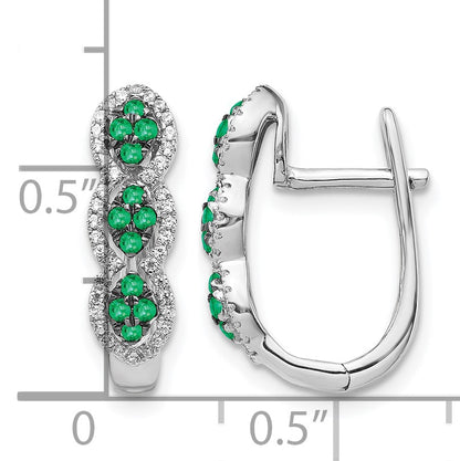 14k White Gold Emerald Cluster and Diamond Hinged Hoop Earrings
