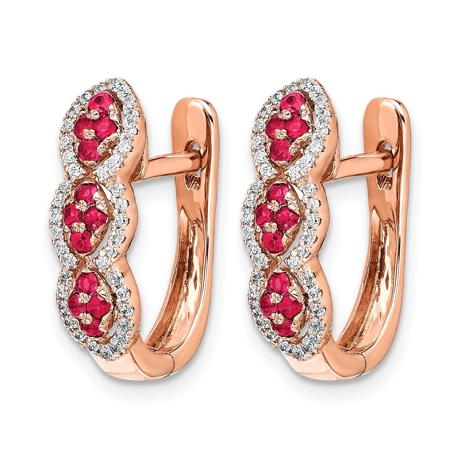 14k White Gold Ruby Cluster and Diamond Hinged Hoop Earrings