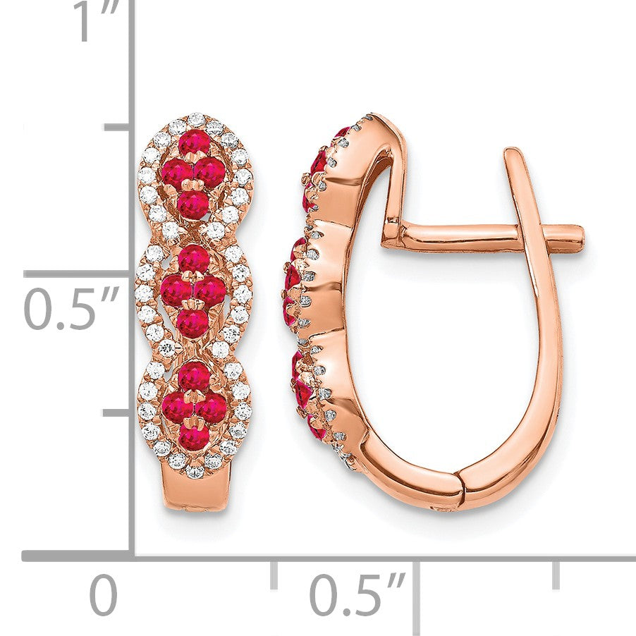 14k White Gold Ruby Cluster and Diamond Hinged Hoop Earrings