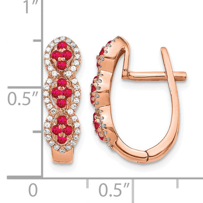 14k White Gold Ruby Cluster and Diamond Hinged Hoop Earrings