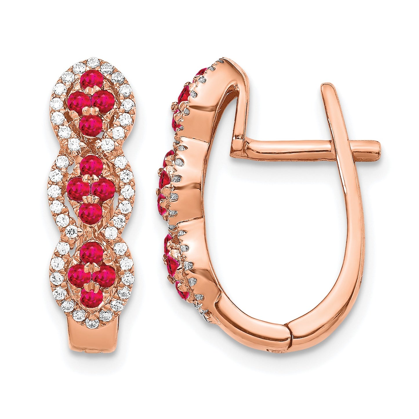 14k White Gold Ruby Cluster and Diamond Hinged Hoop Earrings