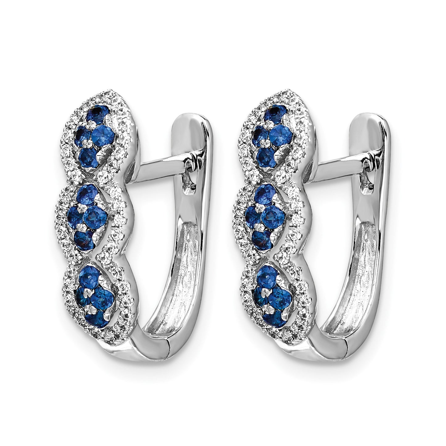 14k White Gold Blue Sapphire Cluster and Diamond Hinged Hoop Earrings