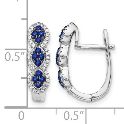 14k White Gold Blue Sapphire Cluster and Diamond Hinged Hoop Earrings