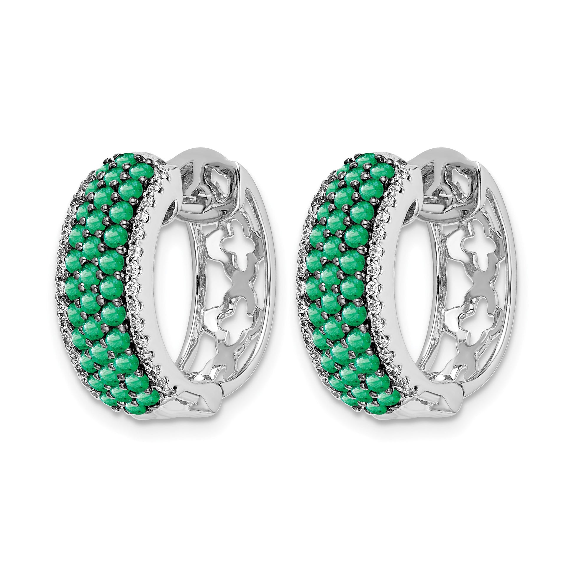 14k White Gold Diamond and Emerald 18mm Hinged Hoop Earrings
