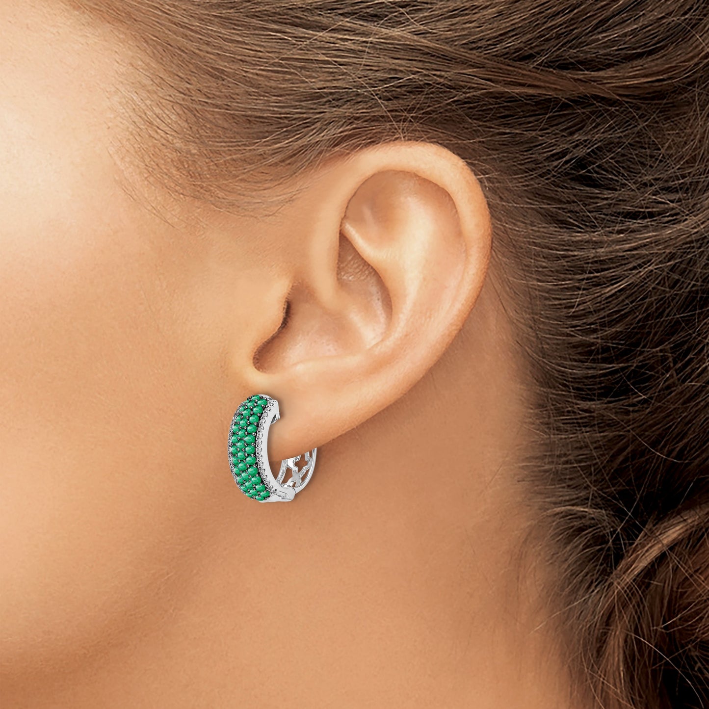14k White Gold Diamond and Emerald 18mm Hinged Hoop Earrings