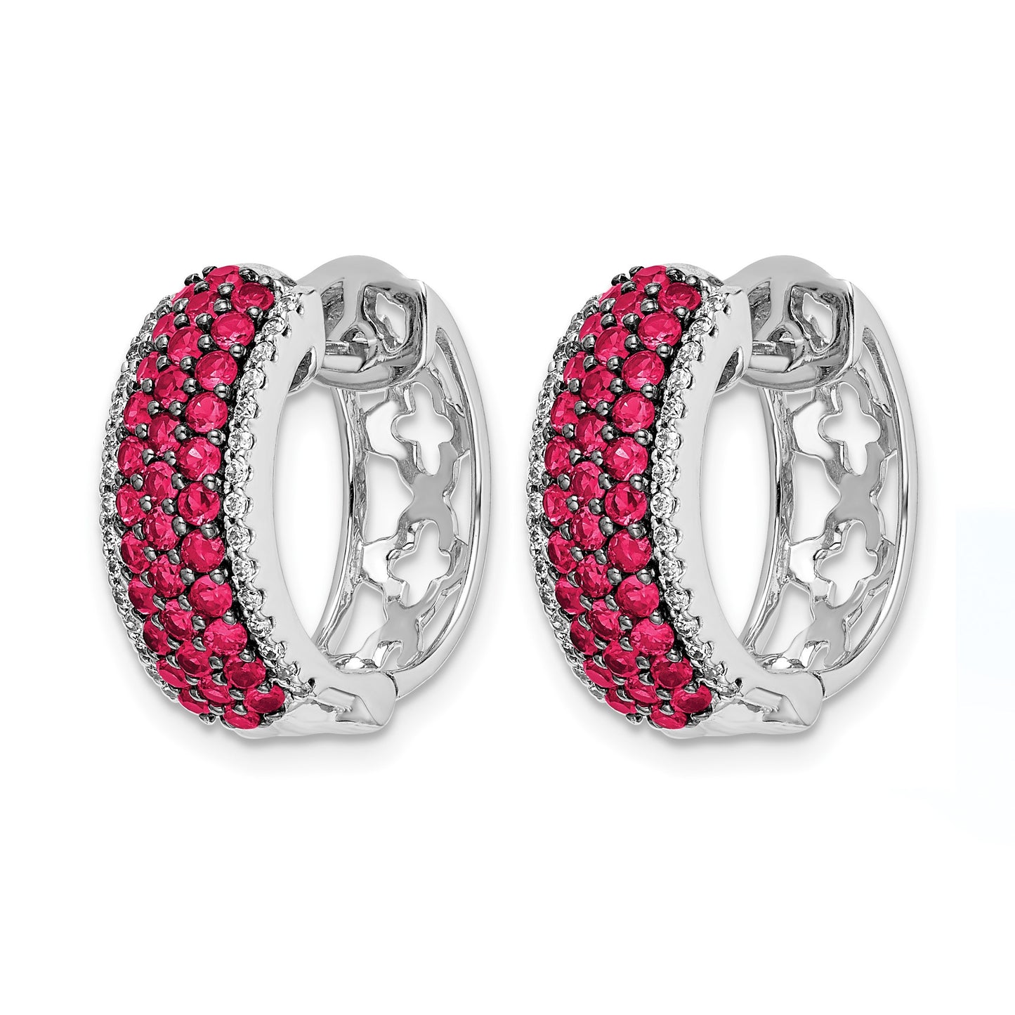 14k White Gold Diamond and Ruby 18mm Hinged Hoop Earrings