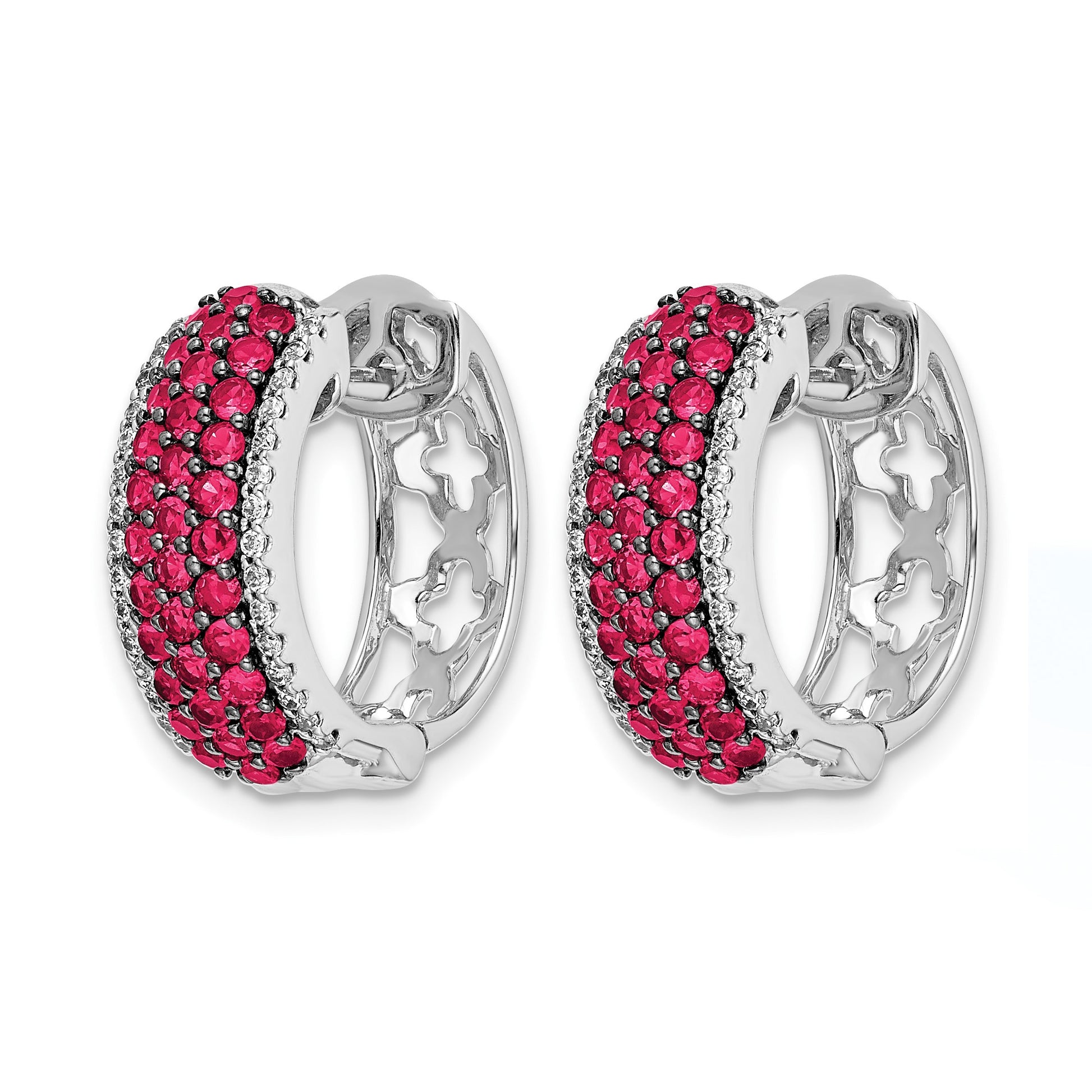 14k White Gold Diamond and Ruby 18mm Hinged Hoop Earrings