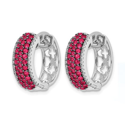 14k White Gold Diamond and Ruby 18mm Hinged Hoop Earrings
