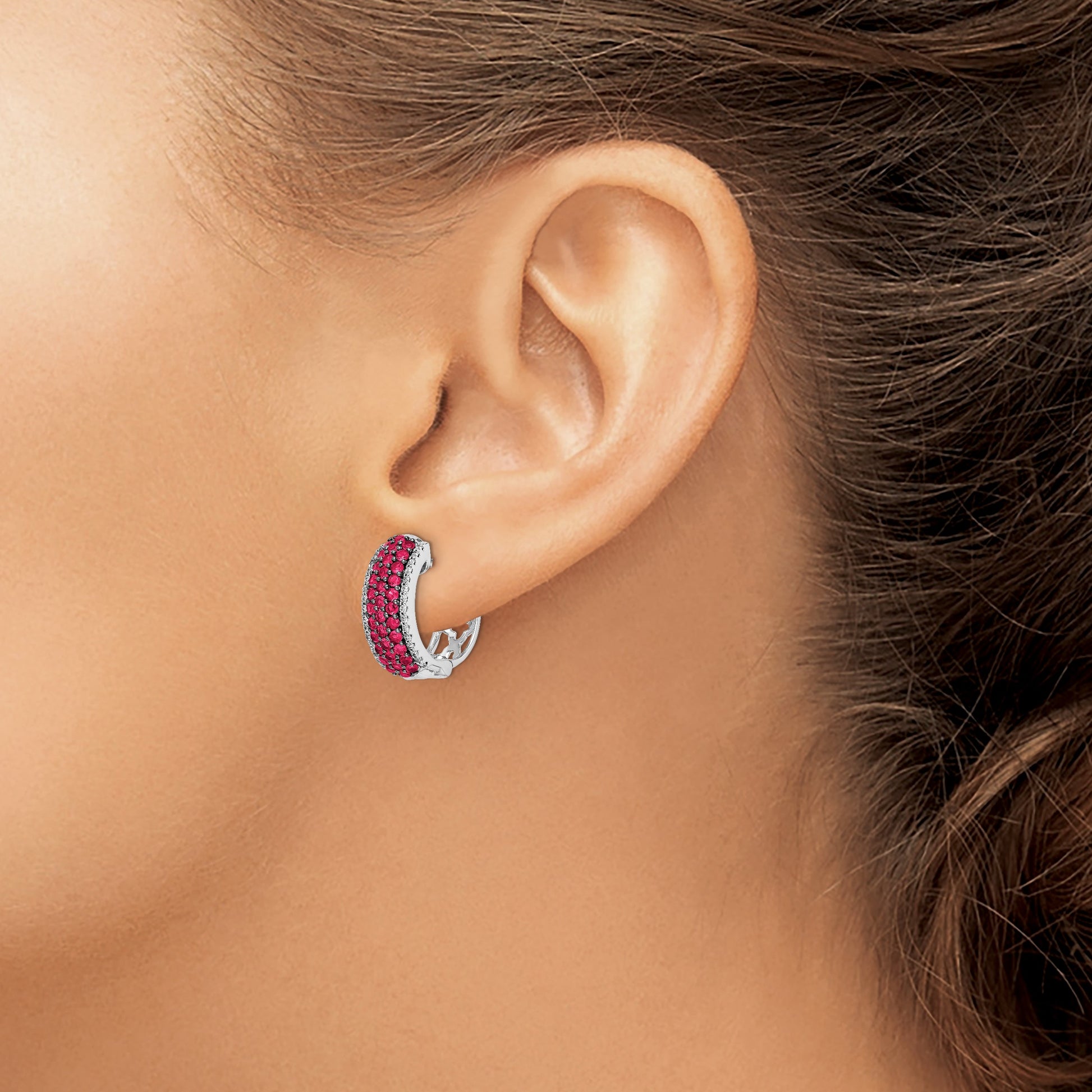 14k White Gold Diamond and Ruby 18mm Hinged Hoop Earrings