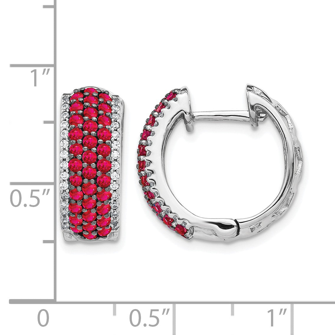 14k White Gold Diamond and Ruby 18mm Hinged Hoop Earrings